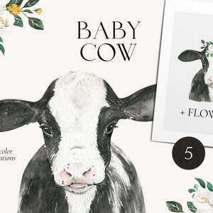 Baby cow watercolor portrait - Farm country animal clipart for prints, kids, nursery - Cute little cow with floral wreath flowers - PNG