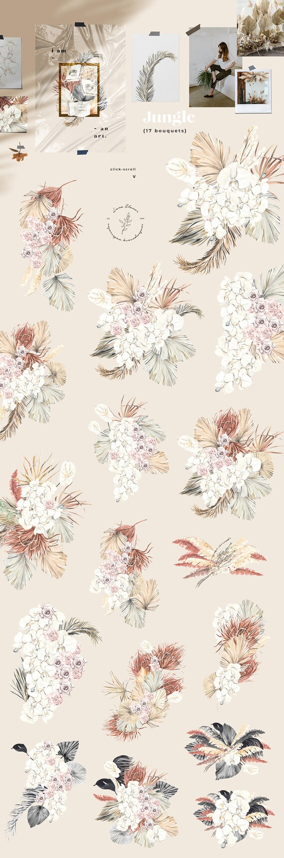 modern art collection orchids dried tropical palms sculptures JUNGLE floral watercolor clipart set flowers neutral Digital clipart PNG