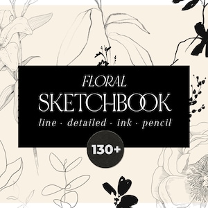 Imágenes prediseñadas de flores de arte lineal - Conjunto floral de dibujo lineal - Flor detallada de una línea Hojas de tinta abstracta Boceto floral a lápiz - Imágenes prediseñadas digitales PNG