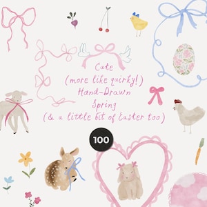 Clipart caprichoso de primavera desenhado à mão - Clipart fofo e caprichoso de aquarela de Páscoa - Convites de ícones peculiares de casamento moderno - Molduras de laço coquete PNG