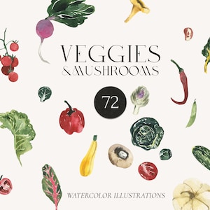 Set di acquerelli di verdure - Clipart di verdure - Collezione di acquerelli di verdure e funghi - Eco vegano cibo sano salute stile di vita