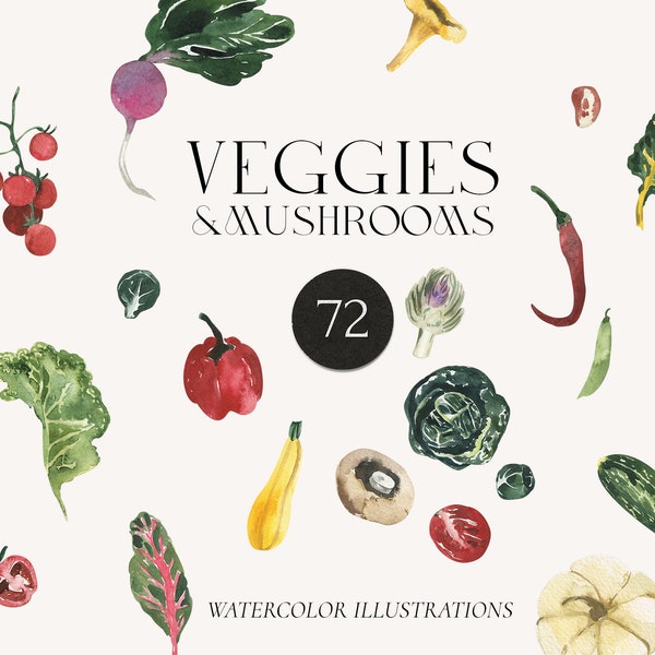 Vegetables watercolor set - Vegetables clipart - Veggies and mushrooms watercolor collection - Eco vegan healthy food healthcare lifestyle