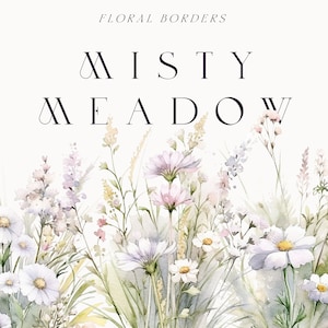 Aquarelle Floral Clipart - Misty Meadow - Ensemble de bordures florales blanches douces - Clipart de fleurs sauvages - Frontières de fleurs sauvages - Clipart numérique PNG