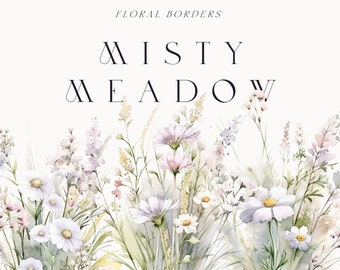 Watercolor Floral Clipart - Misty Meadow - Soft white floral border set - Wildflowers clipart - Wildflowers borders - Digital clipart PNG