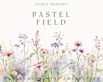 Watercolor Floral Clipart - Wildflowers floral clipart - Floral border set - Pastel Field flowers spring summer floral - Digital clipart PNG