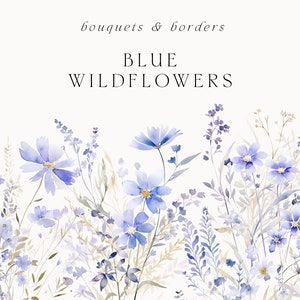 Watercolor Blue Floral Clipart - Blue Wildflowers clipart png - Blue floral borders - Winter floral borders meadow - Digital clipart PNG