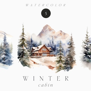 Watercolor Winter Clipart - Watercolor Winter Mountains Cabin - Watercolor Christmas Clipart - Winter scenery house - Commercial use clipart