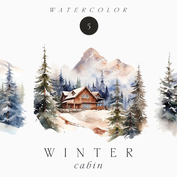 Watercolor Winter Clipart - Watercolor Winter Mountains Cabin - Watercolor Christmas Clipart - Winter scenery house - Commercial use clipart