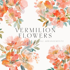 Clipart di fiori astratti dell'acquerello png - Fiori d'arancio rosso vermiglio - Fiori impressionisti png - Clipart floreale di nozze - Ghirlande floreali