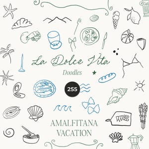 La Dolce Vita Clipart - Italienische Hochzeitseinladung, handgezeichnete Line Art Doodles, Amalfi Sommerferien, Vektor-Icons, Menü- und Essenslinien