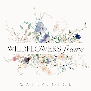 Moldura floral em aquarela - Moldura de flores silvestres - Flores de amor-perfeito prensadas - Moldura delicada de flores de campo minúsculas, logotipo do cartão de convite - clipart digital PNG