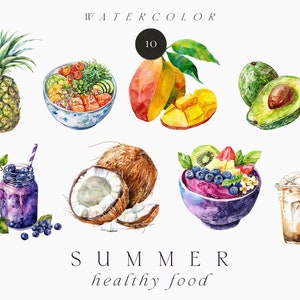 Aquarelle d'été des aliments sains Clipart png - Clipart de fruits tropicaux - Hawaï Poke Bowl Acai Smoothie png - Clipart commercial aquarelle