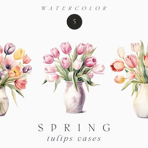 Aquarel lente clipart png - aquarel tulpen clipart - tulpen bloemen in vaas clipart - tulpen boeketten png - commercieel gebruik clipart PNG