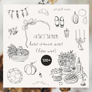 Autumn Line Art Icons - Fall clipart - Hand-Drawn fall icons - Classic Fall Line Art drawings - Whimsical Autumn clipart for cards, invites