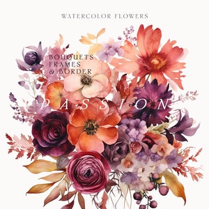 Aquarell Blumen Clipart - Herbst Blumen Clipart png - Passion Blumensträuße - Hochzeit laden Clipart - Florale Clipart für kommerzielle Nutzung