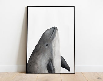 Harbour porpoise illustration giclée print, watercolor poster, nursery decor, whale lover gift, phocoena phocoena, dolphin, handmade