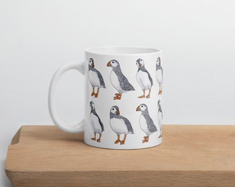Coffee Mug 11 oz (325 ml),Puffin watercolor design pattern, Marine Biology Coworker gift, Animal watercolor coffee cup, ceramic, seabird mug