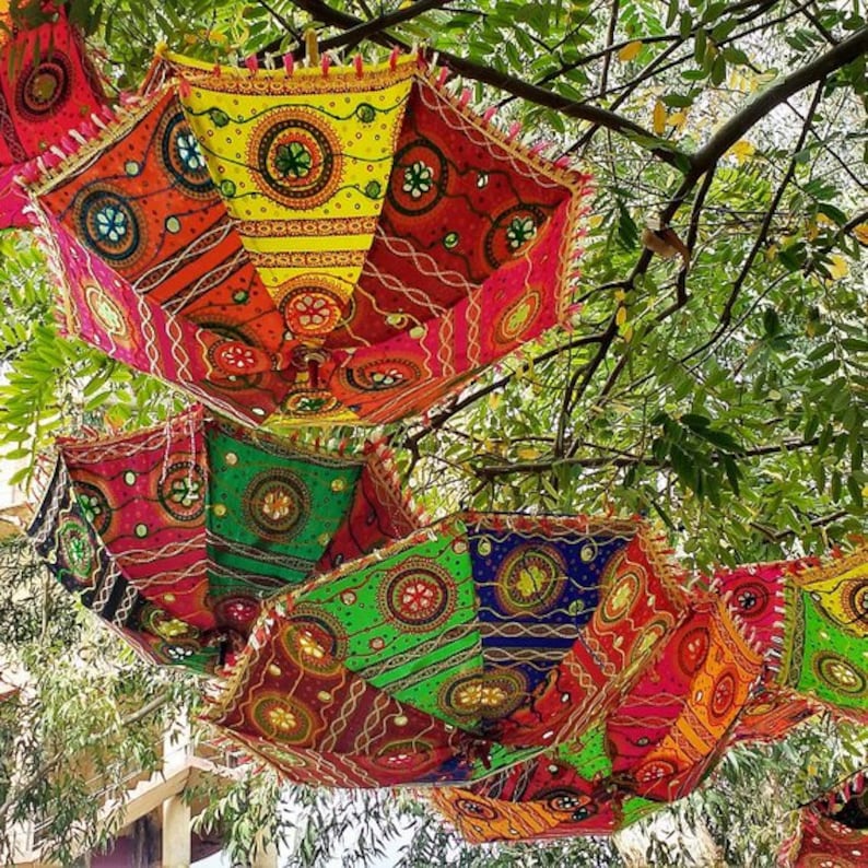 15 Pcs Lot Indian Cotton Fabric Mirror Work Vintage Parasol Handmade Embroidery Ethnic Umbrella Wedding Umbrella Outdoor Decorations Parasol