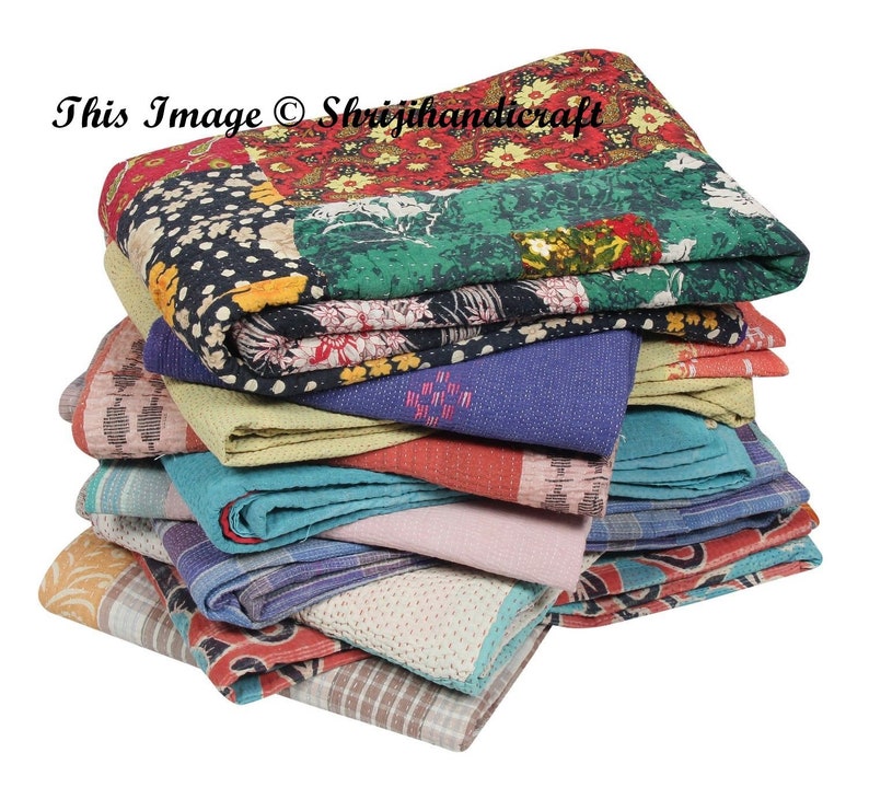 Indian Kantha Lot Twin Quilt Reversible Vintage Handmade Blanket Throw Patchwork