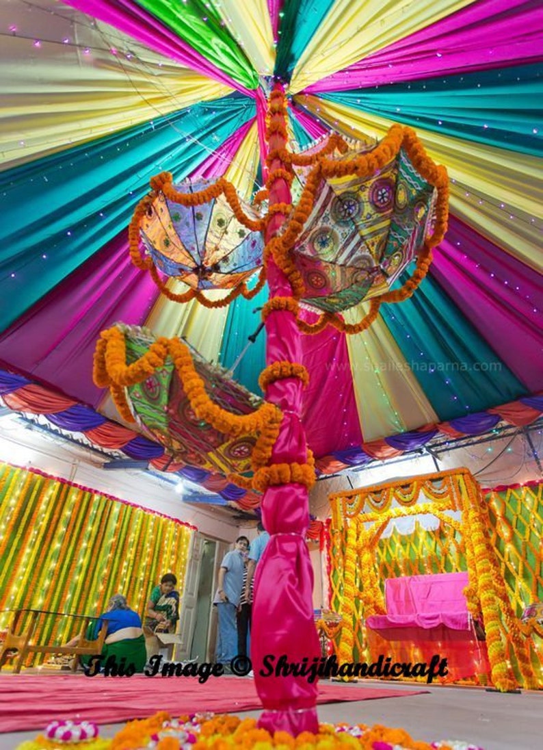 20 Pcs Lot Indian Wedding Umbrella Decoration Mirror Work Vintage Parasols Handmade embroidery Elephant Umbrella Decorations Cotton Umbrella