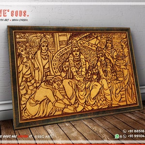 May include: A wood carving of a scene from Hindu mythology. The carving is in a brown frame and depicts multiple figures in a detailed, intricate style. The carving is titled "Awe' Gods. Authentic Art - Wood Carved."