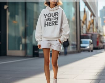 White Gildan 18500 Mockup | White Hoodie Mockup | Female Sweatshirt Outdoor Mockup | Diverse Women | Oversize Trendy Aesthetic