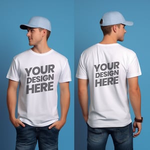 May include: A white t-shirt with short sleeves and the text "YOUR DESIGN HERE" printed on the front and back. The shirt is being modeled by a person wearing a light blue baseball cap.