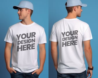 White Bella Canvas 3001 Mockup Front Back Men Quality Male Shirt Mockup Customizable White T-Shirt Mockup Realistic Male Model TShirt Mockup