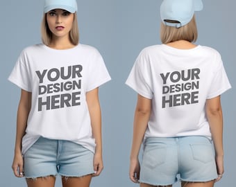 Gildan 5000 White Tshirt Front & Back Mockup | G500 White T-shirt Front Back Split View Mockup | Real Model Mock | Simple Minimal Trendy Tee