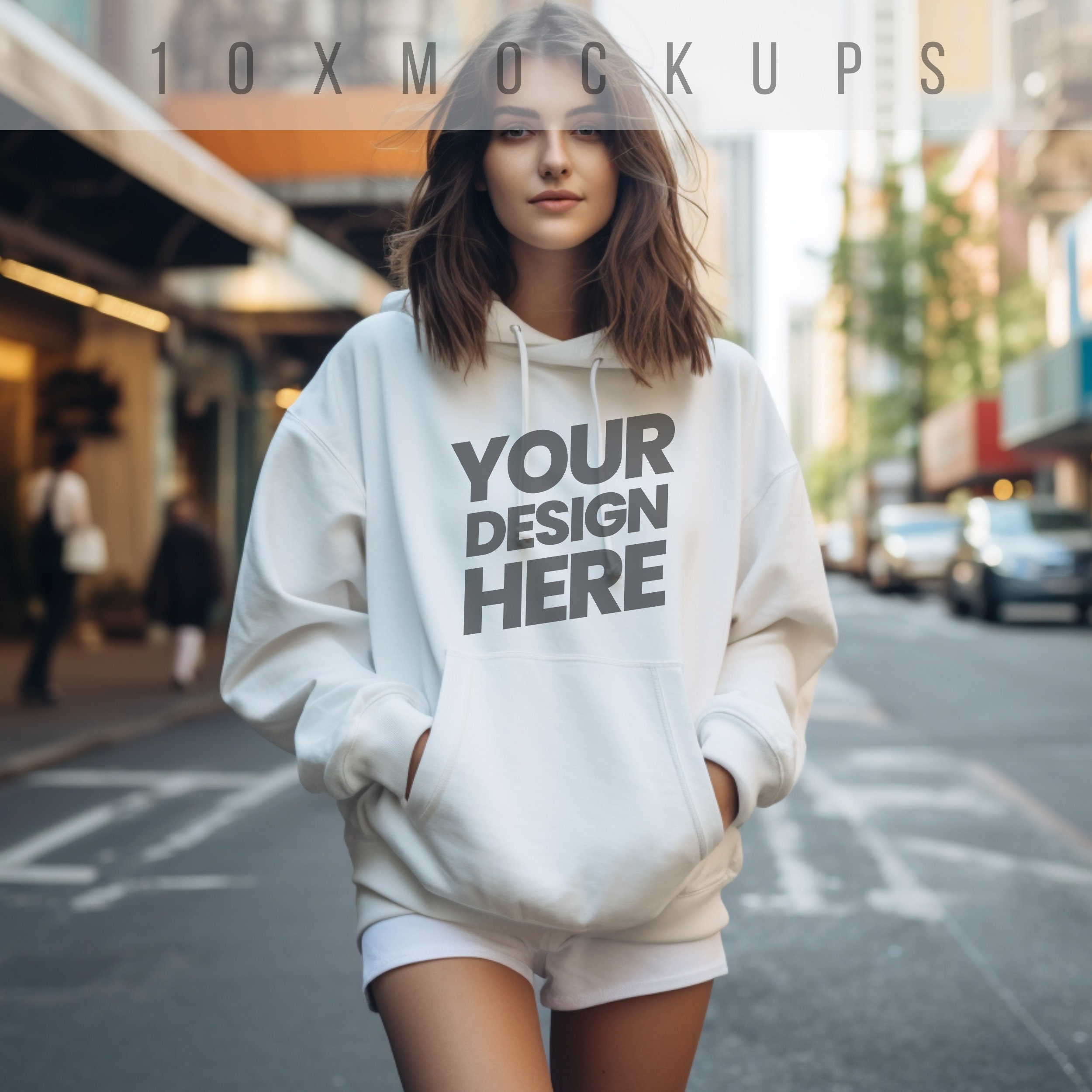 White Gildan 18500 Mockup | White Hoodie Mockup | Female Sweatshirt Outdoor Mockup | Diverse Women | Oversize Trendy Aesthetic