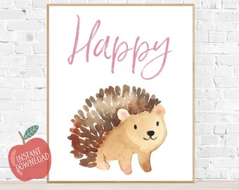 Happy hedgehog art print,instant download,nursery decor,bedroom decor,baby shower gift,wall art,woodland nursery,wall decor,hedgehog