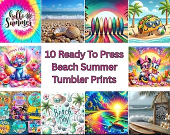 Paquete de 10 diseños de sublimación para vasos de playa de verano / Listos para usar / Diseños para vasos delgados de 20 oz / Vacaciones en la playa / Transferencias para vasos DIY