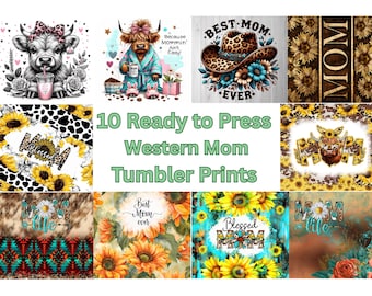 Paquete de 10 impresiones de sublimación para vasos Western Mom / Envoltorios delgados para vasos de 20 oz listos para imprimir / Regalos para el Día de la Madre / Vasos DIY