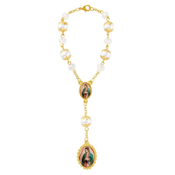 Our Lady of Guadalupe Gold Pearl Auto Rosary- Rearview Mirror Rosary - 7 1/4"