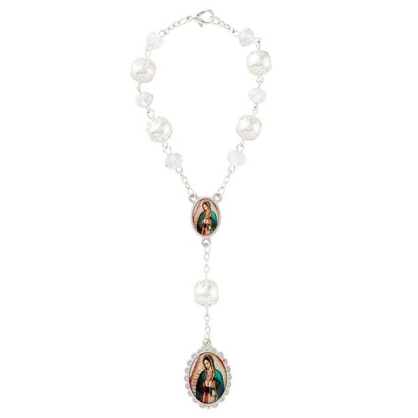 Our Lady of Guadalupe Silver Pearl Auto Rosary- Rearview Mirror Rosary - 7 1/4"