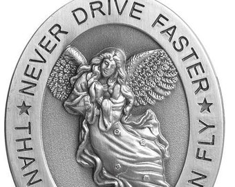 Never Drive Faster Than Angel Oval  Visor Clip Pewter