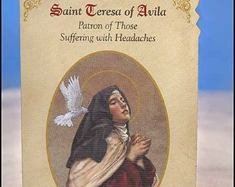 St Teresa of Avila (Headaches) Healing Holy Card with Medal - 2 1/2" X 4" Folded