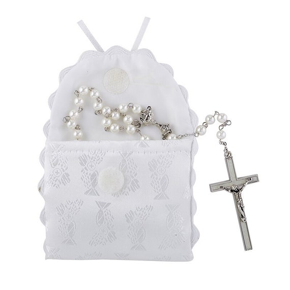 First Communion Rosary Bead Case, White, Satin Brocade