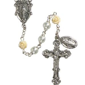 Miraculous Medal  White Pearl Rose Rosary 6mm Beads