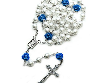 White Pearl with Blue Roses Our Lady of Lourdes Rosary - 21 " - With Gift Box
