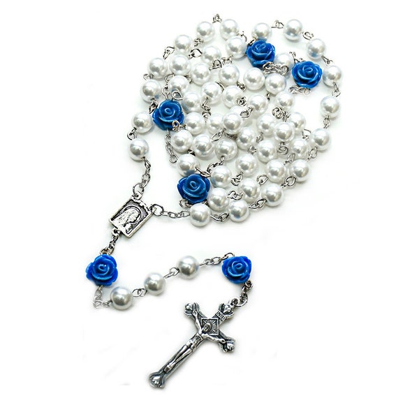 White Pearl with Blue Roses Our Lady of Lourdes Rosary - 21 " - With Gift Box