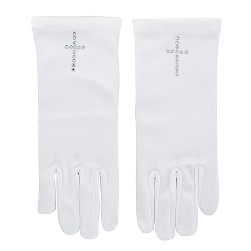 First Communion Gloves with Beaded Pearl Cross Satin NEW Gift Boxed MS958 