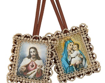 Our Lady of Mt. Carmel/Sacred Heart W/ Scalloped Gold Border Scapular -2" High