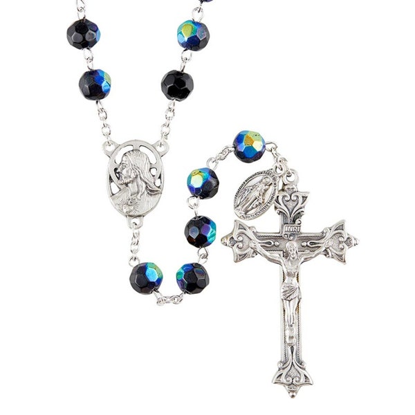 Jet Black Glass Prague Rosary With Dangle -22" Long- 8MM Beads W/Jewelry Box- Imported from Italy