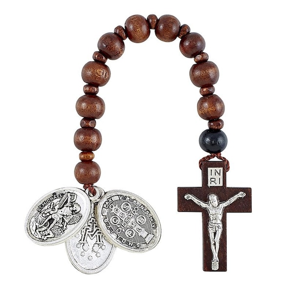 Brown Wooden Pocket Rosary- 6 1/2"-St. Ben, St. Michael, Miraculous Medal Dangle -With Organza Bag