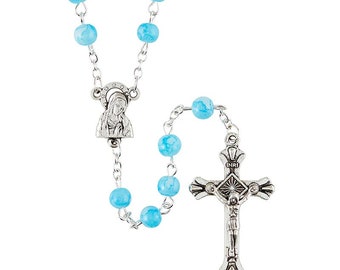 Aqua Marbled Bead Rosary With Gift Box - 22" Long