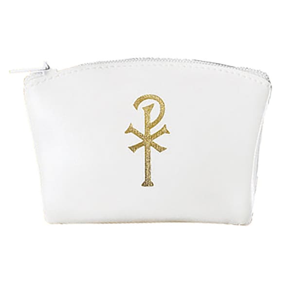 White Zippered Chi Rho Rosary Case - 3-7/16 x 2-1/2"