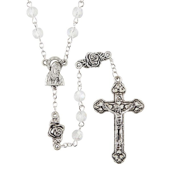 Crystal Glass Bead Rosebud Rosary - 19 1/2" - With Gift Box