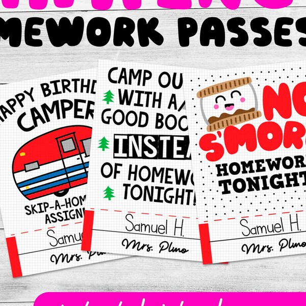 Printable Camping Themed Homework Passes // DIGITAL DOWNLOAD