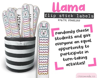 Printable Llama flip sticks labels, Equity Sticks// Name Sticks // Fair Sticks // Classroom Management Name Sticks DIGITAL DOWNLOAD